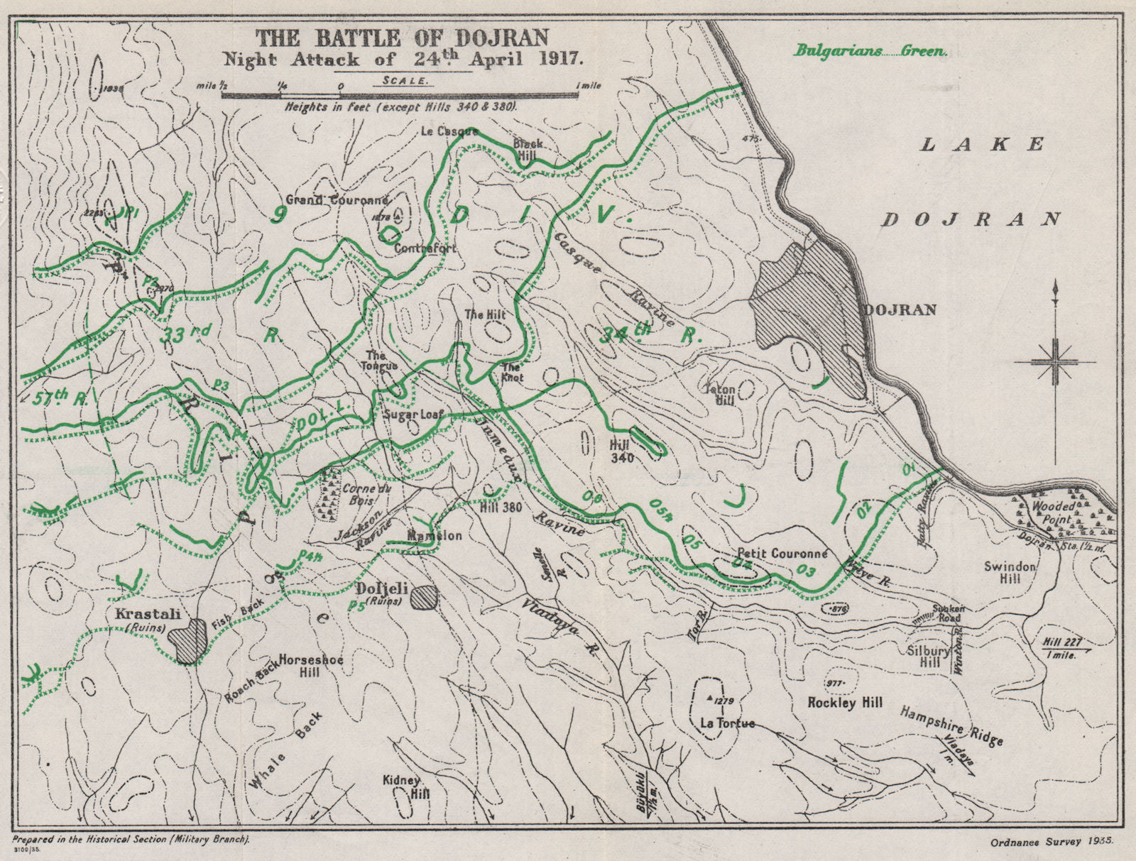 FIRST WORLD WAR.Macedonian Front. Battle of Doiran/Dojran 24 April 1917 1935 map